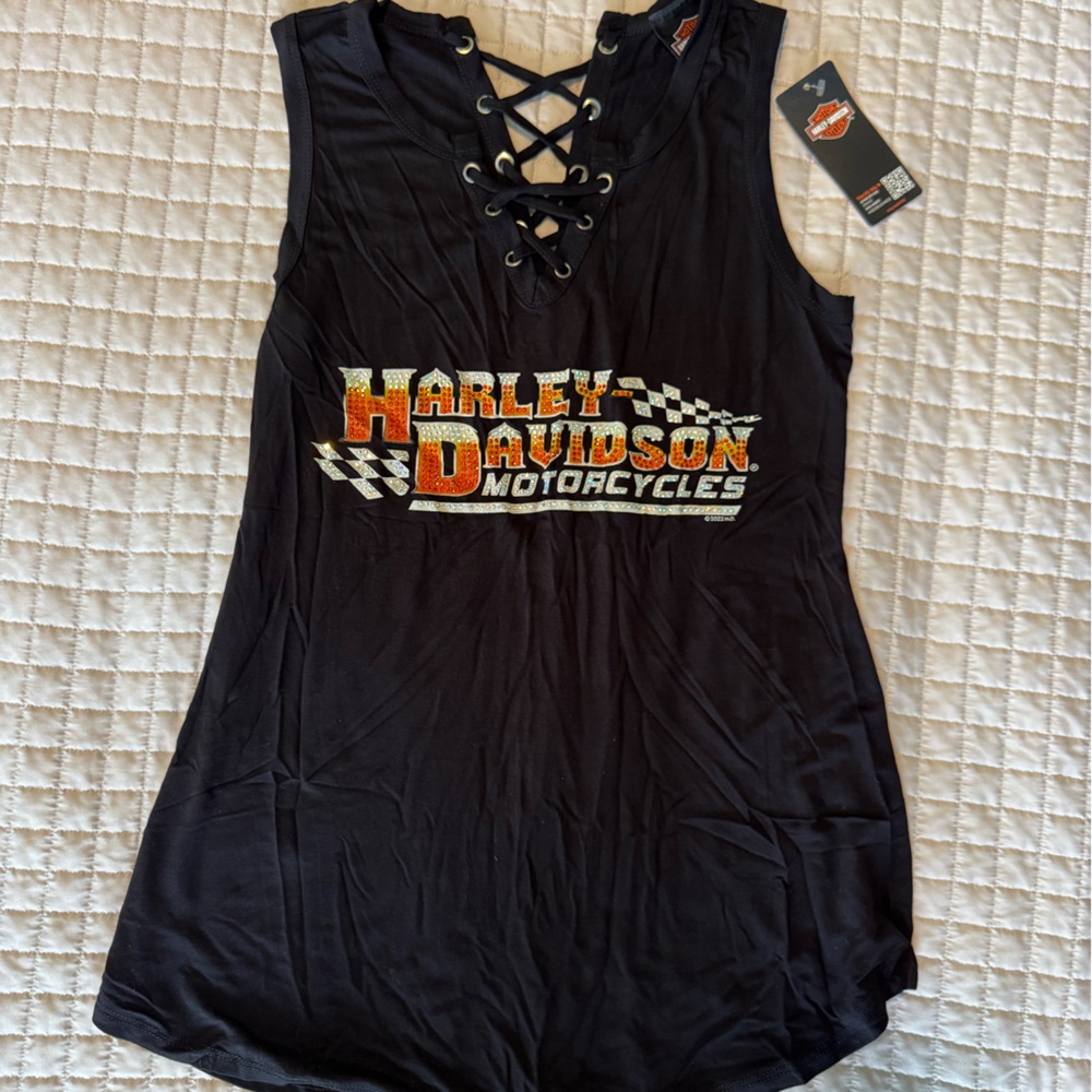 Harley-Davidson Black Lace-Up Tank with Gems